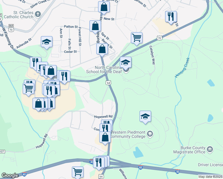 map of restaurants, bars, coffee shops, grocery stores, and more near 810 Burkemont Avenue in Morganton