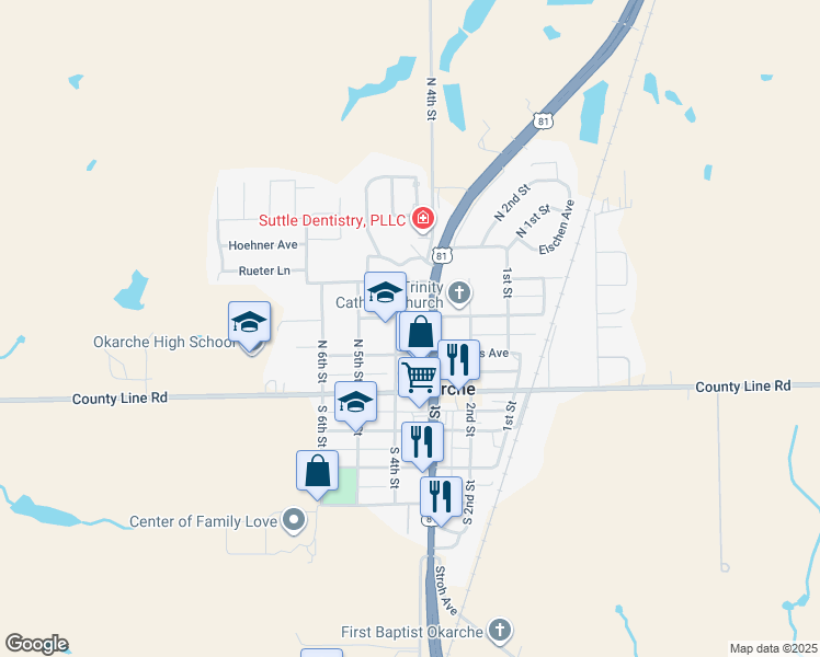 map of restaurants, bars, coffee shops, grocery stores, and more near 309 North Main Street in Okarche