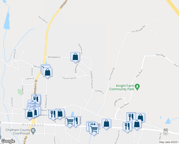 map of restaurants, bars, coffee shops, grocery stores, and more near 371 Chatham Forest Drive in Pittsboro