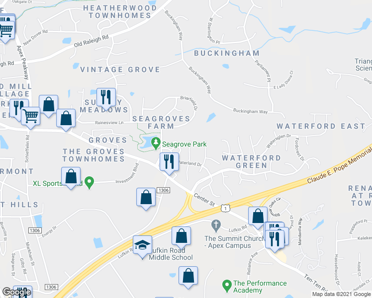 map of restaurants, bars, coffee shops, grocery stores, and more near 707 Hillsford Lane in Apex
