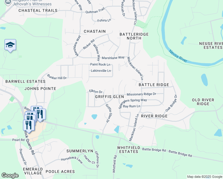 map of restaurants, bars, coffee shops, grocery stores, and more near 4265 Dalcross Road in Raleigh