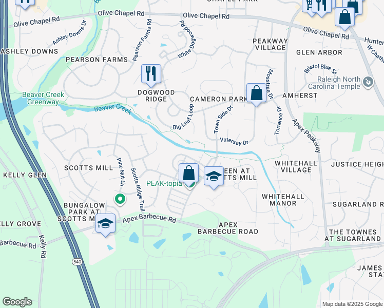 map of restaurants, bars, coffee shops, grocery stores, and more near 403 Village Loop Drive in Apex