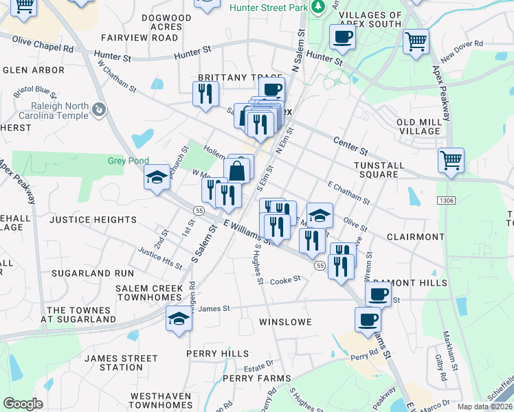 map of restaurants, bars, coffee shops, grocery stores, and more near 203 East Moore Street in Apex