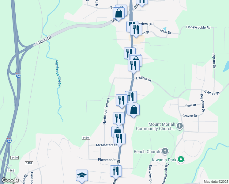 map of restaurants, bars, coffee shops, grocery stores, and more near 124 Woodcrest Road in Asheboro