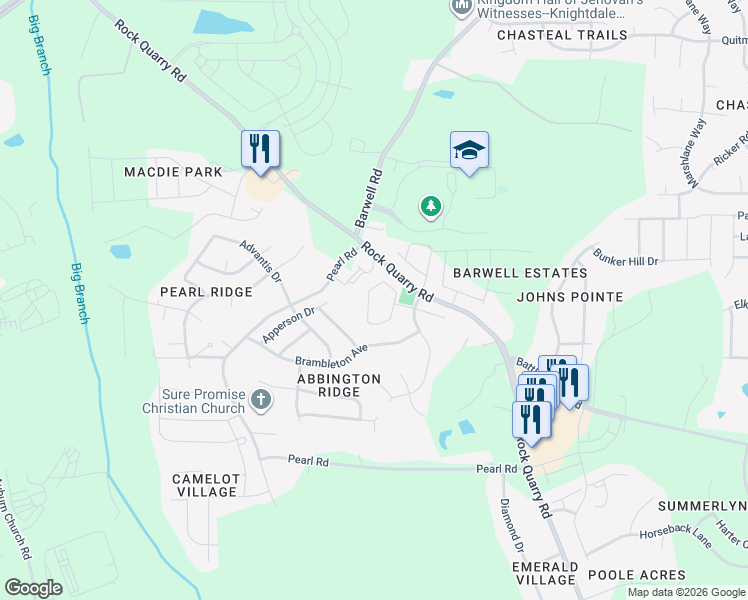 map of restaurants, bars, coffee shops, grocery stores, and more near 3844 Volkswalk Place in Raleigh