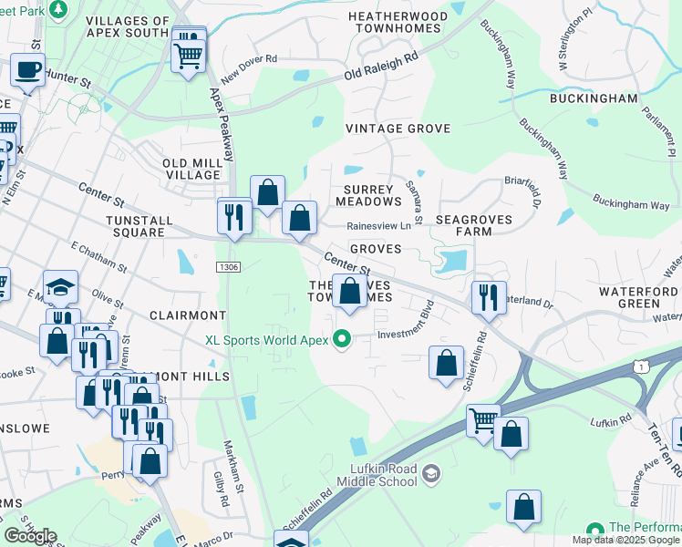 map of restaurants, bars, coffee shops, grocery stores, and more near 116 Old Grove Lane in Apex