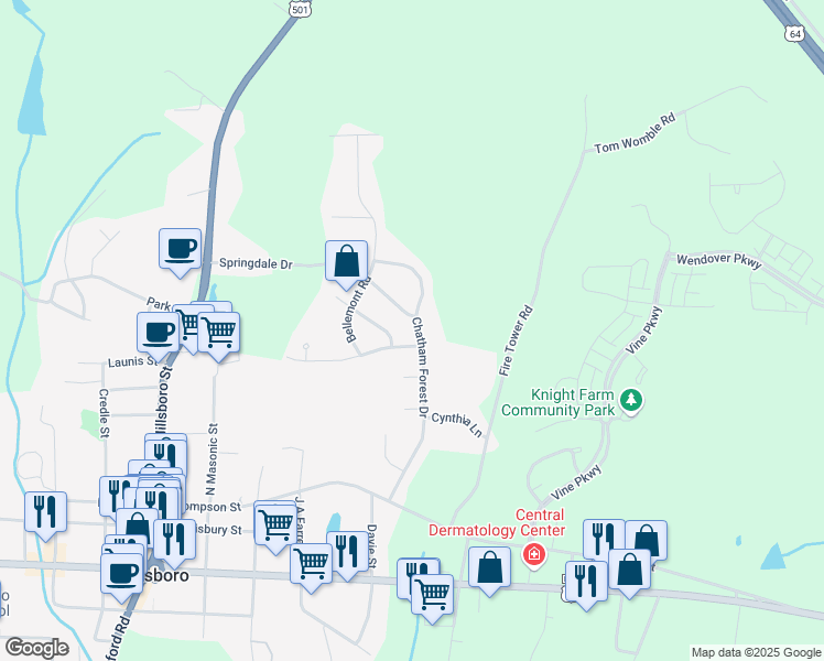 map of restaurants, bars, coffee shops, grocery stores, and more near 371 Chatham Forest Drive in Pittsboro