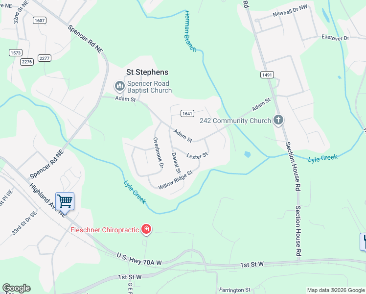 map of restaurants, bars, coffee shops, grocery stores, and more near 1915 Adam Street in Conover