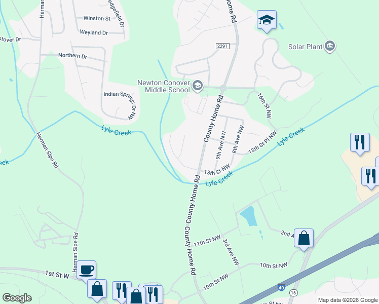 map of restaurants, bars, coffee shops, grocery stores, and more near 1317 County Home Rd in Conover