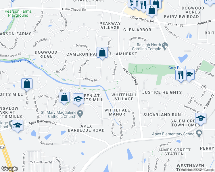 map of restaurants, bars, coffee shops, grocery stores, and more near 1121 Bexley Hills Bend in Apex