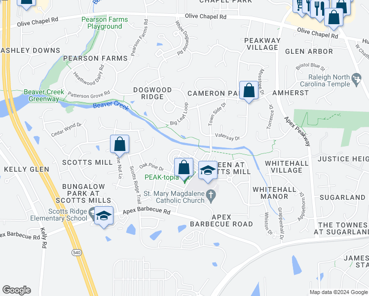 map of restaurants, bars, coffee shops, grocery stores, and more near 401 Village Loop Drive in Apex