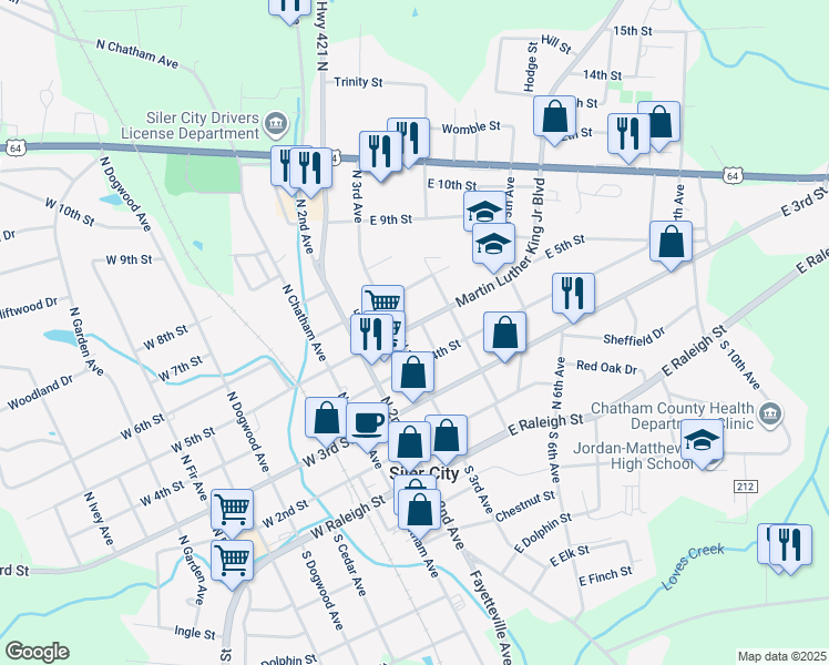 map of restaurants, bars, coffee shops, grocery stores, and more near 321 Martin Luther King Junior Boulevard in Siler City