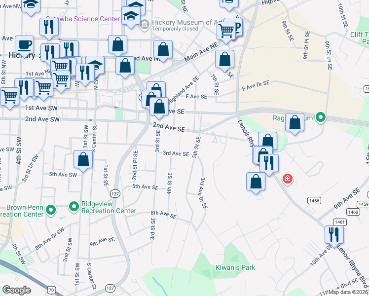 map of restaurants, bars, coffee shops, grocery stores, and more near 425 3rd Avenue Southeast in Hickory