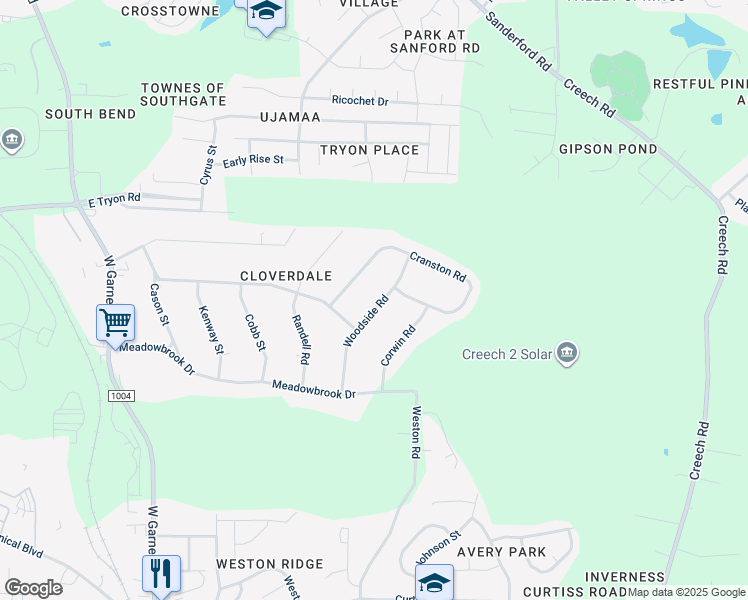 map of restaurants, bars, coffee shops, grocery stores, and more near 3708 Woodside Road in Garner
