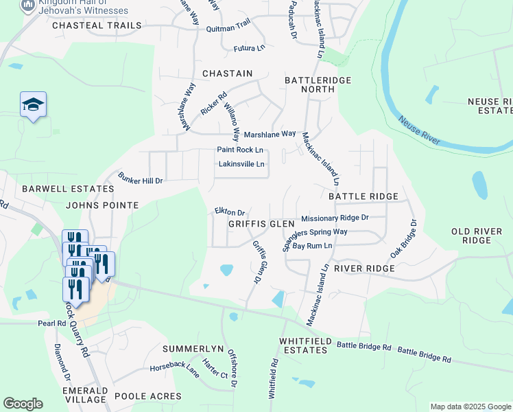 map of restaurants, bars, coffee shops, grocery stores, and more near 3807 Griffis Glen Drive in Raleigh