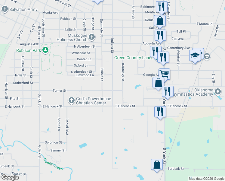 map of restaurants, bars, coffee shops, grocery stores, and more near 1306 Indiana Street in Muskogee