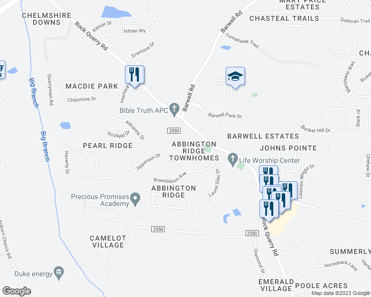 map of restaurants, bars, coffee shops, grocery stores, and more near 3910 Volkswalk Place in Raleigh