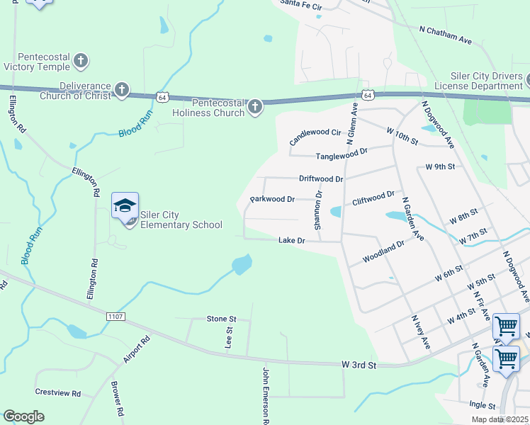 map of restaurants, bars, coffee shops, grocery stores, and more near 1020 Cliftwood Drive in Siler City