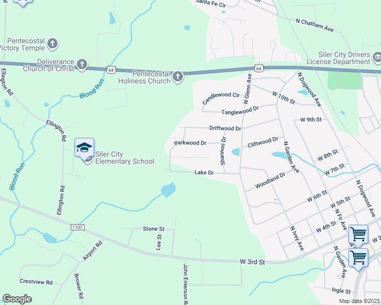 map of restaurants, bars, coffee shops, grocery stores, and more near 1018 Cliftwood Drive in Siler City