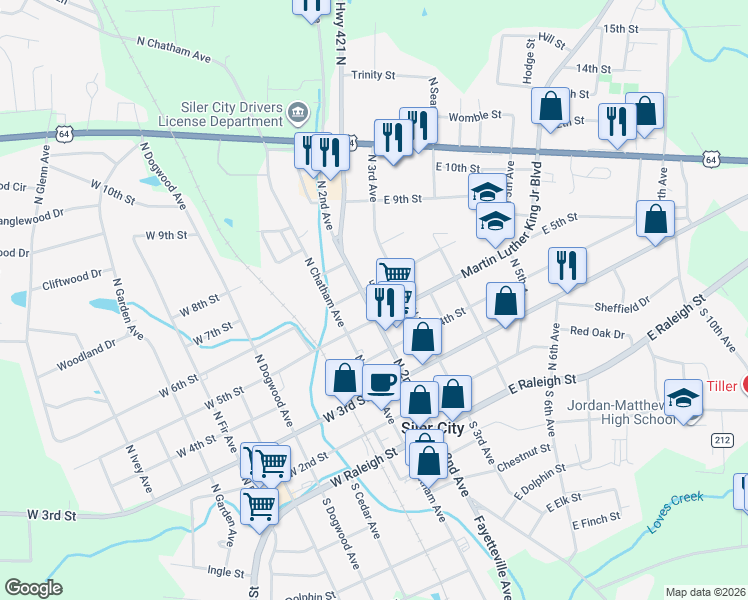 map of restaurants, bars, coffee shops, grocery stores, and more near 601 North 2nd Avenue in Siler City