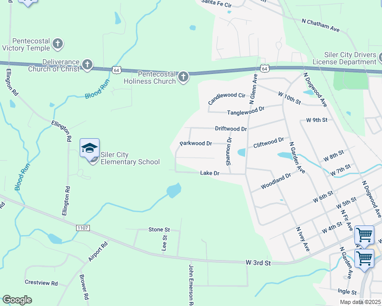 map of restaurants, bars, coffee shops, grocery stores, and more near 1020 Cliftwood Drive in Siler City