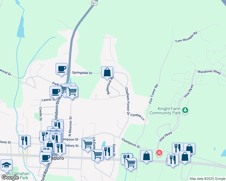 map of restaurants, bars, coffee shops, grocery stores, and more near 47 Hawks Spiral Way in Pittsboro