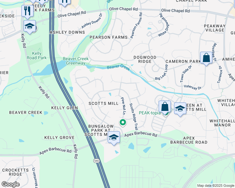 map of restaurants, bars, coffee shops, grocery stores, and more near 326 Pine Nut Lane in Apex