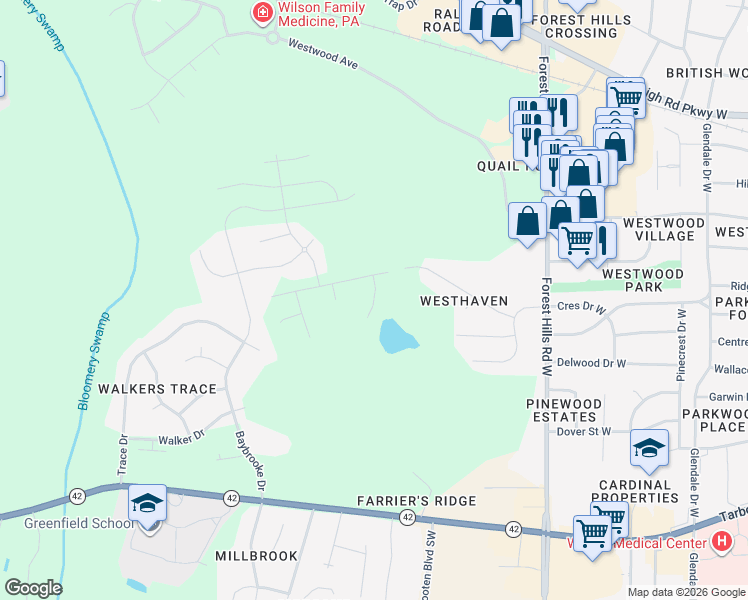 map of restaurants, bars, coffee shops, grocery stores, and more near 2913 Blackberry Court West in Wilson