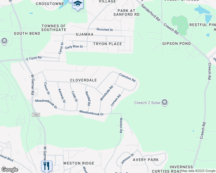 map of restaurants, bars, coffee shops, grocery stores, and more near 3708 Woodside Road in Garner