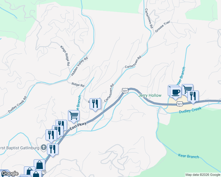 map of restaurants, bars, coffee shops, grocery stores, and more near 253 Cartertown Road in Gatlinburg