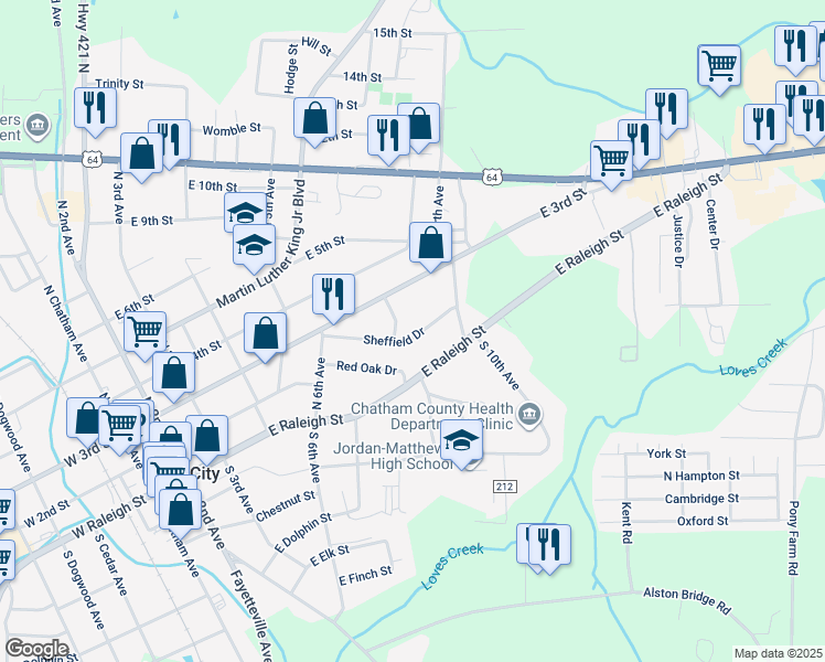 map of restaurants, bars, coffee shops, grocery stores, and more near 813 Sheffield Drive in Siler City