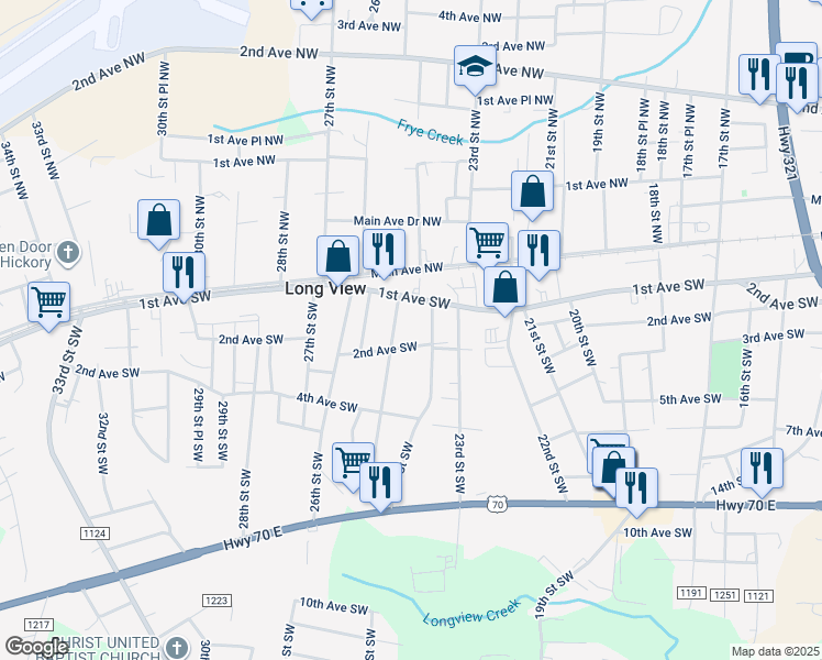 map of restaurants, bars, coffee shops, grocery stores, and more near 2430 2nd Avenue Southwest in Hickory