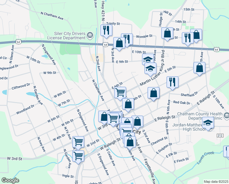 map of restaurants, bars, coffee shops, grocery stores, and more near 507 North 3rd Avenue in Siler City