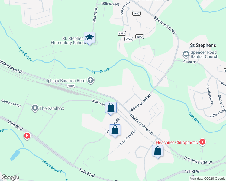 map of restaurants, bars, coffee shops, grocery stores, and more near 3165 Highland Avenue Northeast in Hickory