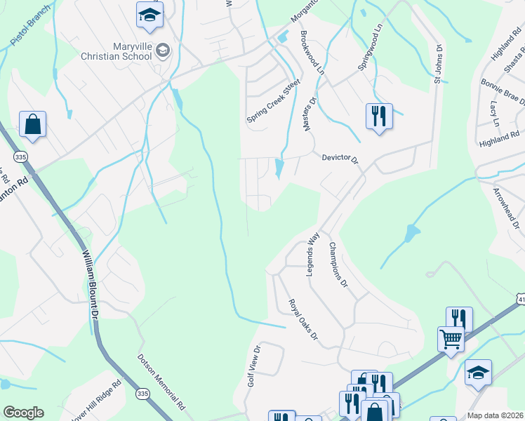 map of restaurants, bars, coffee shops, grocery stores, and more near 3884 Spyglass Drive in Maryville