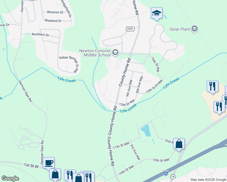 map of restaurants, bars, coffee shops, grocery stores, and more near 1317 County Home Rd in Conover