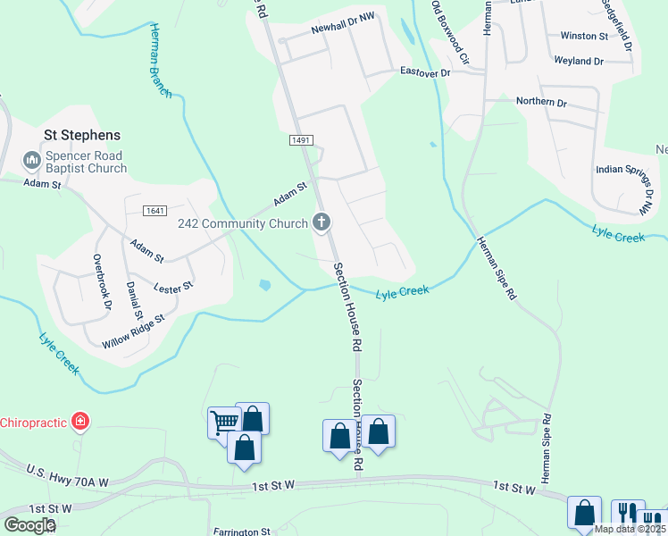 map of restaurants, bars, coffee shops, grocery stores, and more near 3443 Section House Road in Hickory