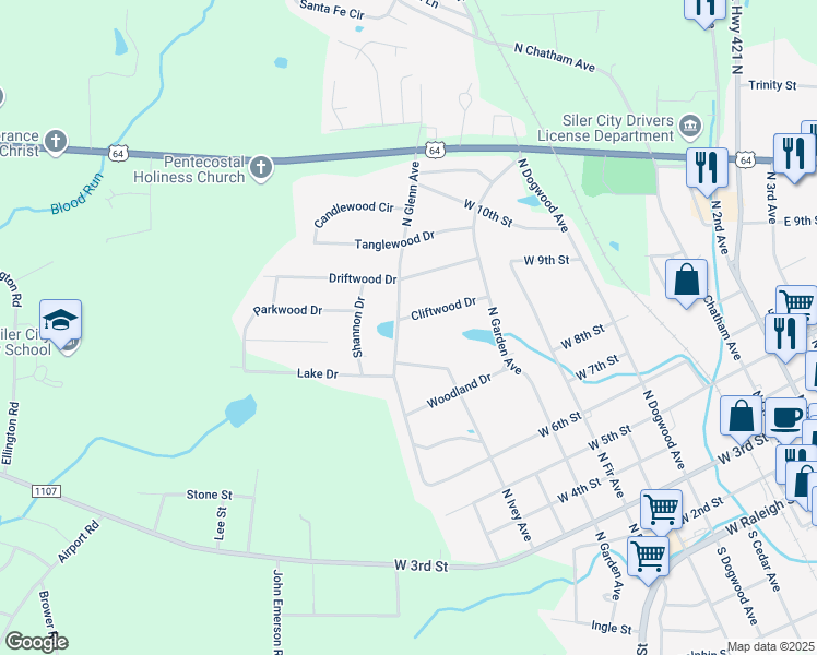 map of restaurants, bars, coffee shops, grocery stores, and more near 816 Cliftwood Drive in Siler City