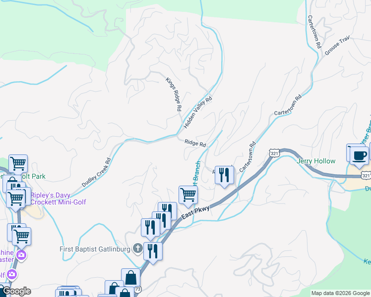 map of restaurants, bars, coffee shops, grocery stores, and more near 504 Ridge Road in Gatlinburg