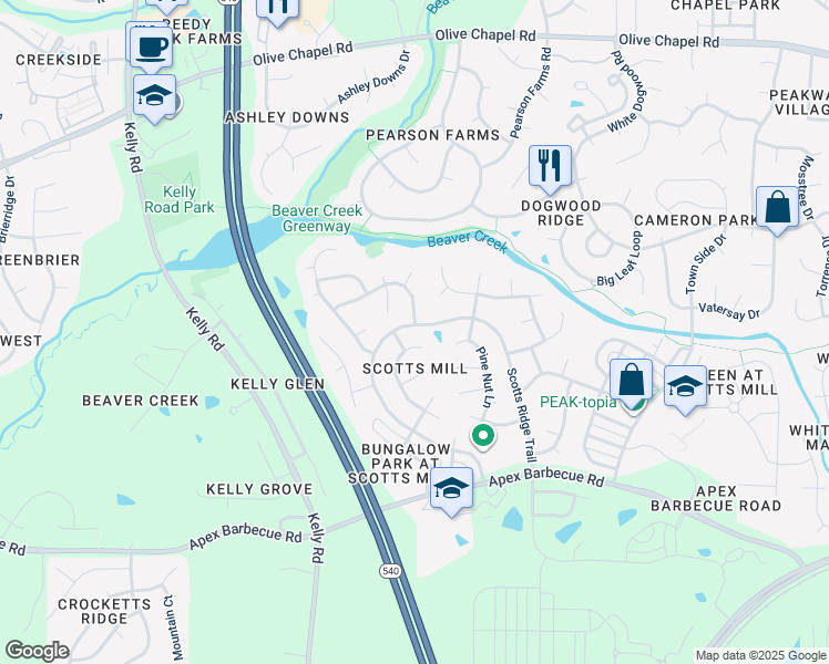 map of restaurants, bars, coffee shops, grocery stores, and more near 701 Scotts Ridge Trail in Apex