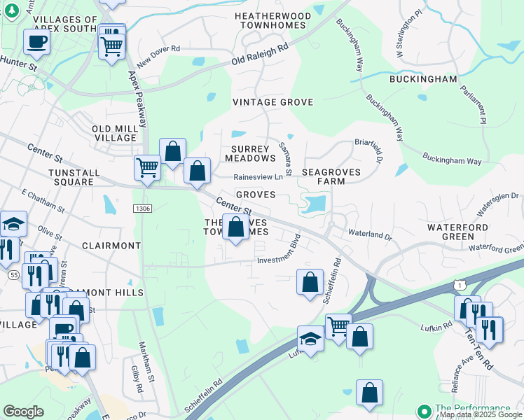map of restaurants, bars, coffee shops, grocery stores, and more near 1331 Center Street in Apex