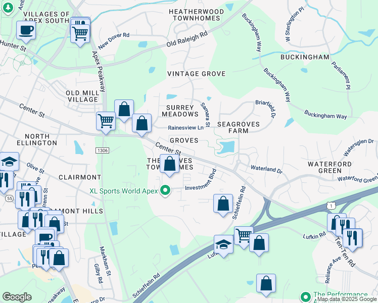 map of restaurants, bars, coffee shops, grocery stores, and more near 1331 Center Street in Apex