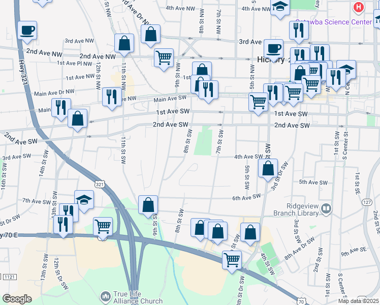 map of restaurants, bars, coffee shops, grocery stores, and more near 253 8th Street Southwest in Hickory