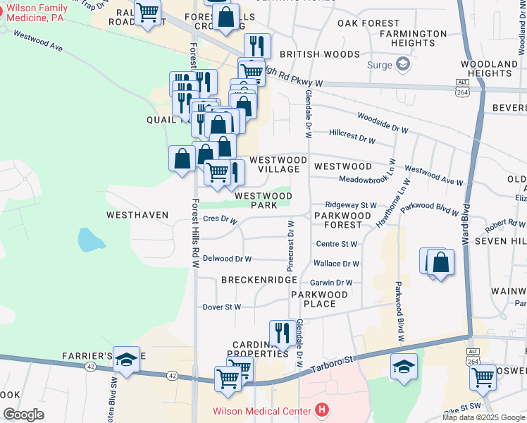 map of restaurants, bars, coffee shops, grocery stores, and more near 2216 Woodcroft Drive West in Wilson