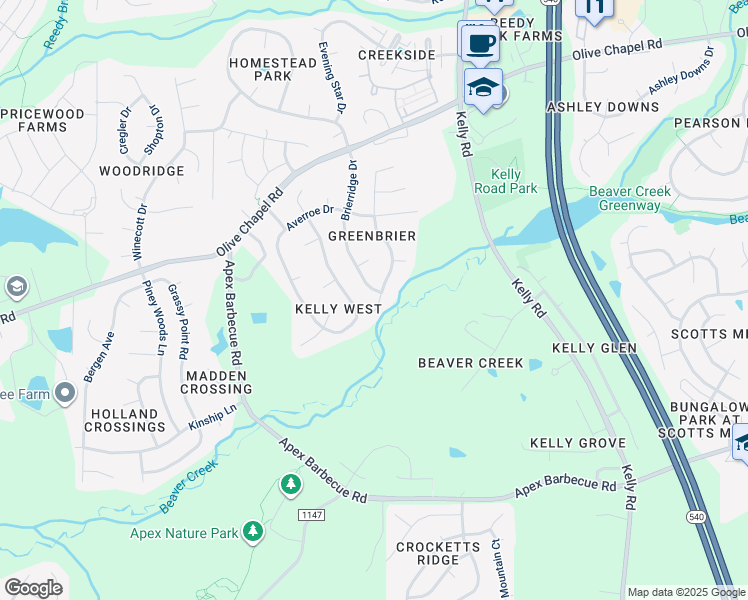 map of restaurants, bars, coffee shops, grocery stores, and more near 507 Brickstone Drive in Apex