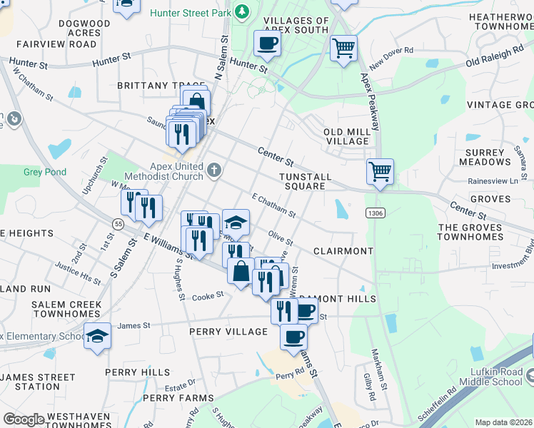 map of restaurants, bars, coffee shops, grocery stores, and more near 505 East Chatham Street in Apex