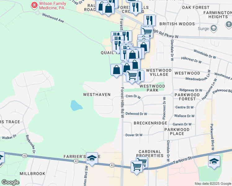 map of restaurants, bars, coffee shops, grocery stores, and more near 2002 Crescent Drive West in Wilson