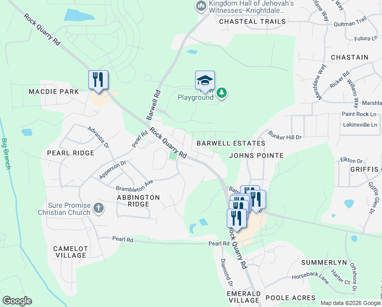 map of restaurants, bars, coffee shops, grocery stores, and more near 5909 Rock Quarry Road in Raleigh