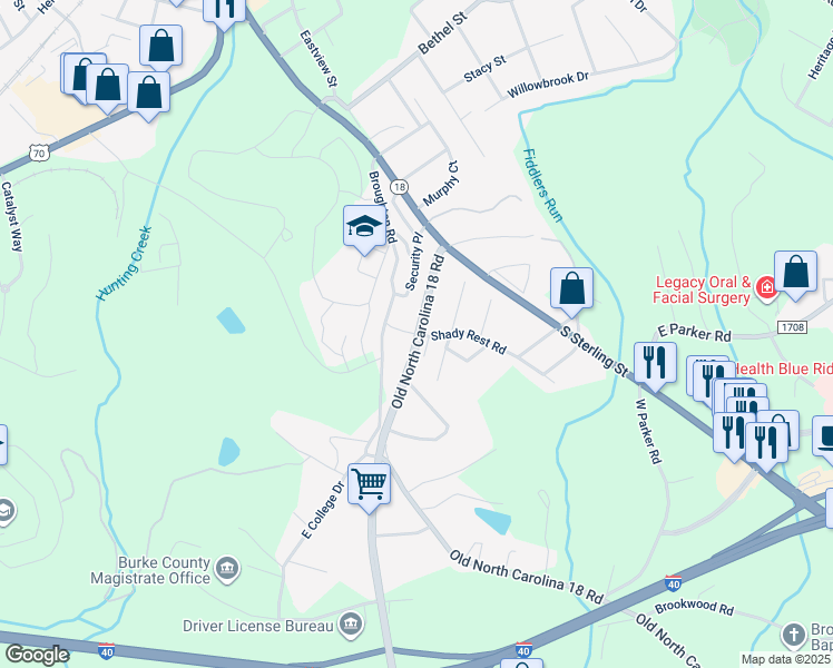 map of restaurants, bars, coffee shops, grocery stores, and more near 126 Old North Carolina 18 in Morganton