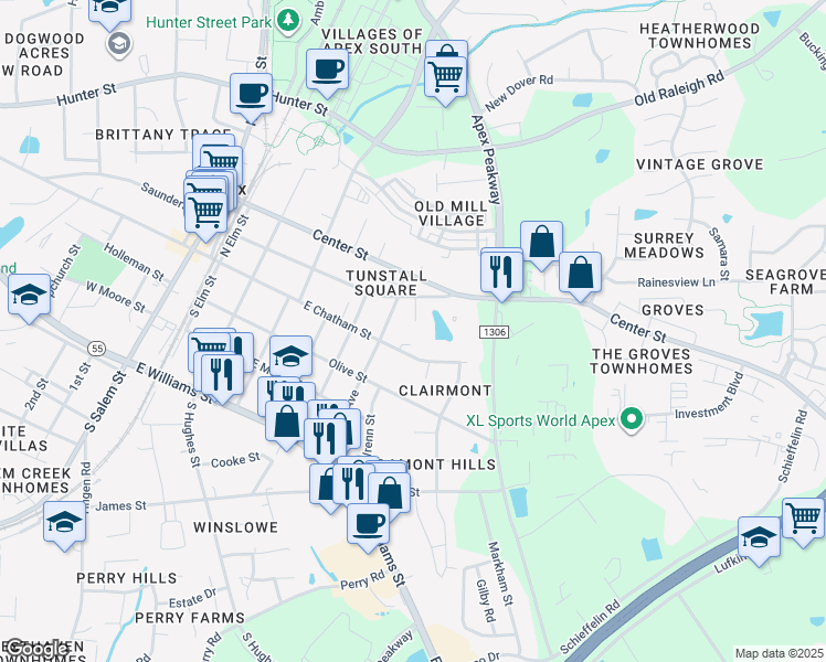 map of restaurants, bars, coffee shops, grocery stores, and more near 107 Lake Meadow Drive in Apex